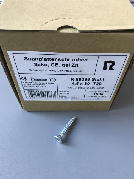 1000 Stück Spanplattenschrauben Seko, CE, gal.Zn. 4,5 x 30 -T20 , CSK head, 89098.010.0045.030 (VPE: 1000 Stück)